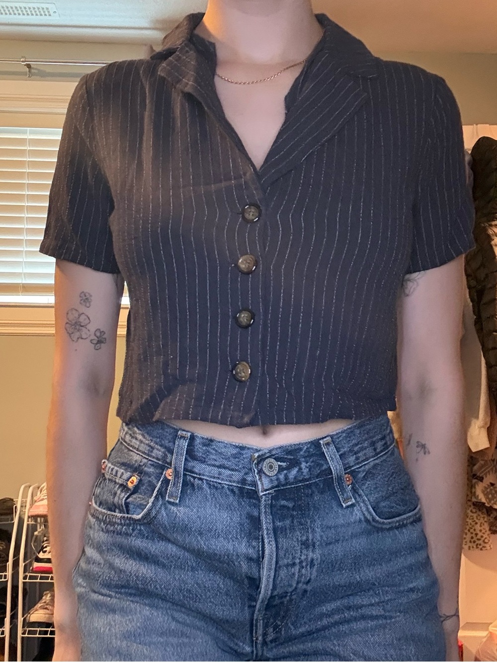Pacsun Navy and White Pinstripe Button Front Top size small